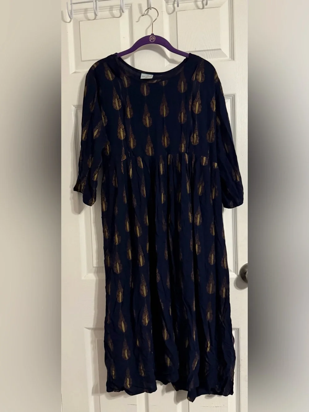 Women's Maternity Navy Dress with Gold Leaf Print - Picture 1 of 5